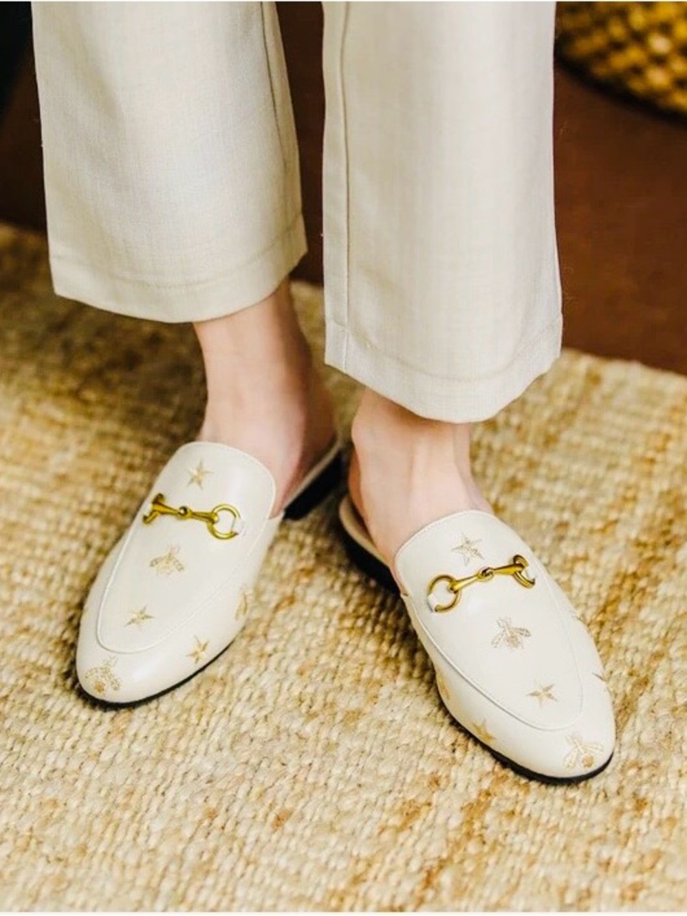 Gucci Cream Leather Backless Horsebit Mules with Gold Embroidery - Picture 2 of 7